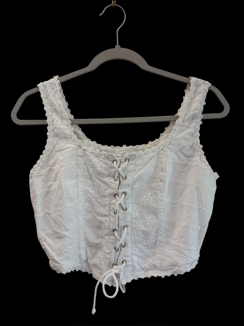 Japna Renn Faire 100% Cotton White Lace-Up Eyelet Crop Top Large Cowgirl Cottage